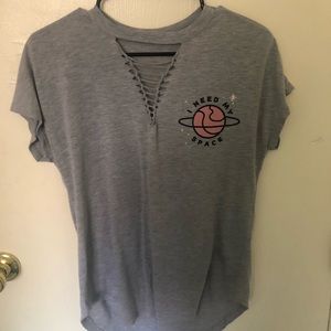 Gray graphic tee with a v neck cutout